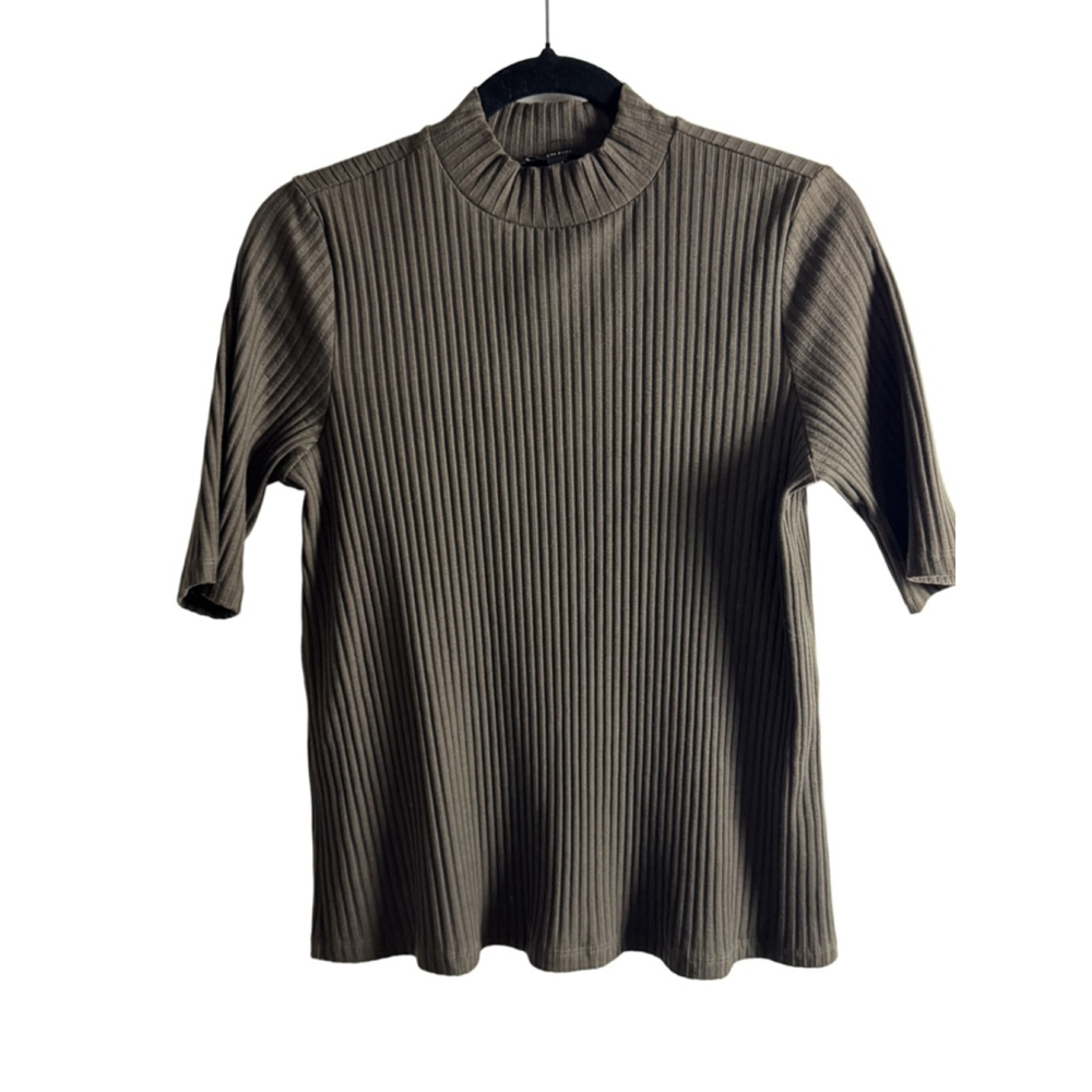 Eileen Fisher Petite Short Sleeve Ribbed Mock Neck Top Brown SP